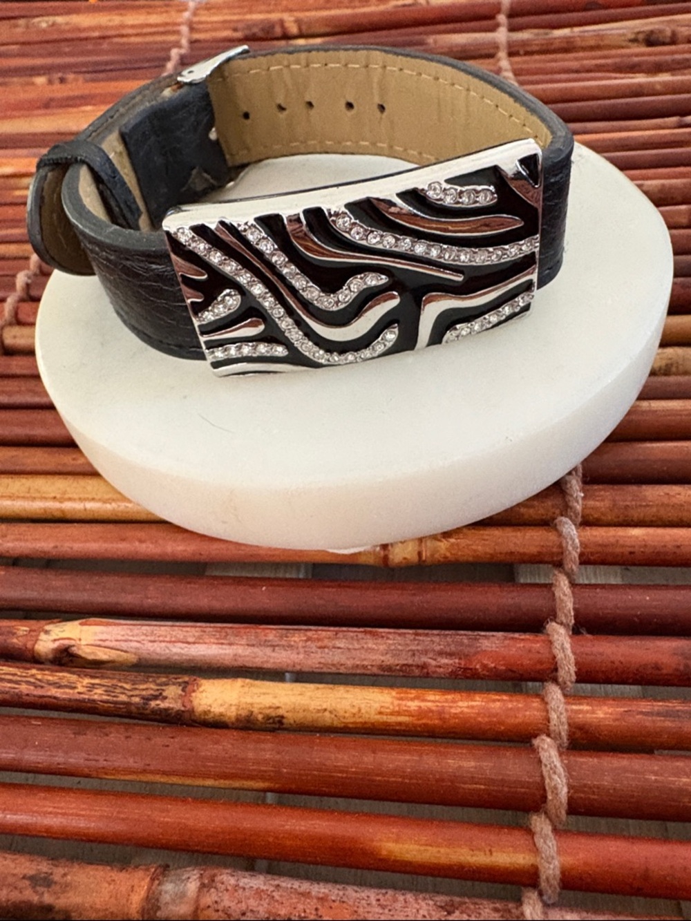 Lia Sophia Black Leather Bracelet with Zebra Crystal Plate
